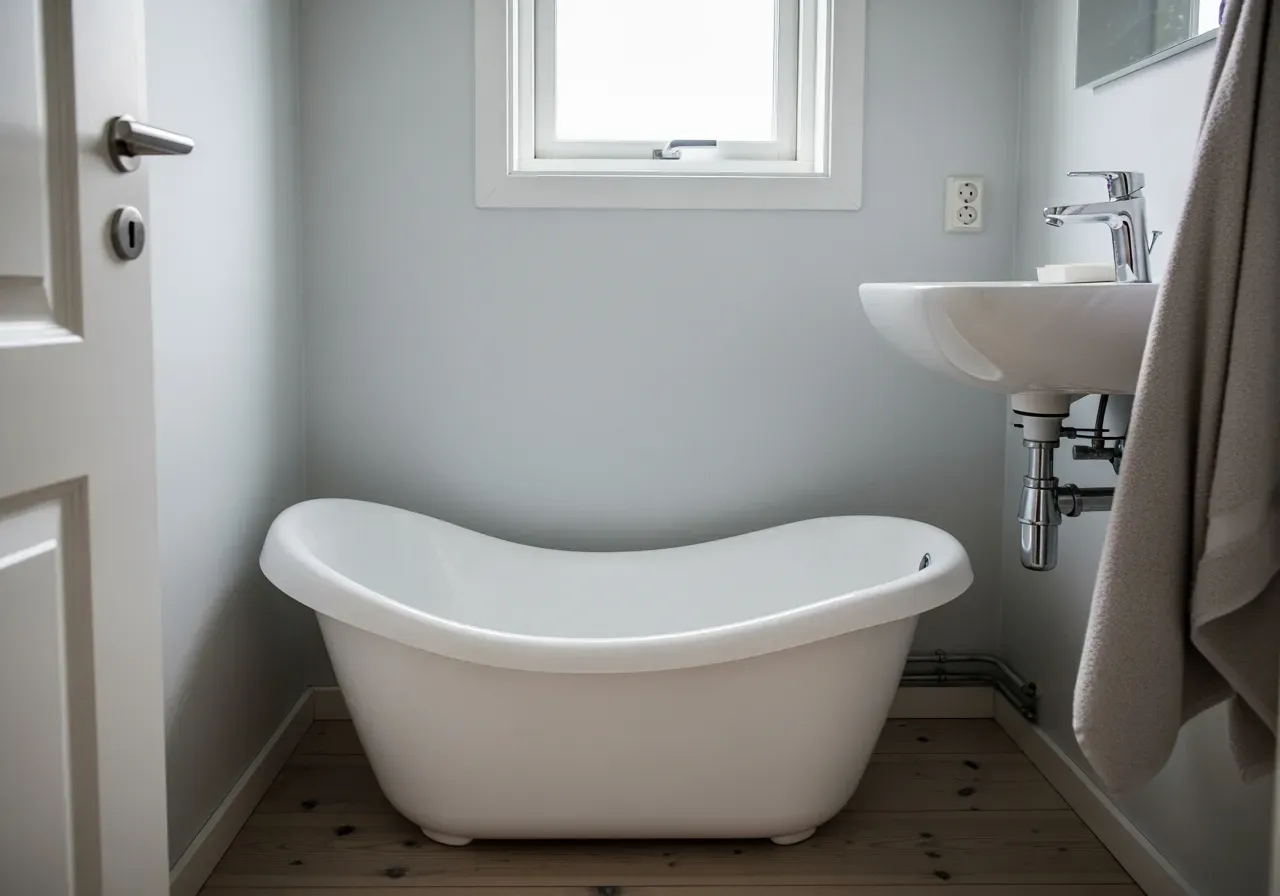 Badbalja för nyfödd i litet badrum