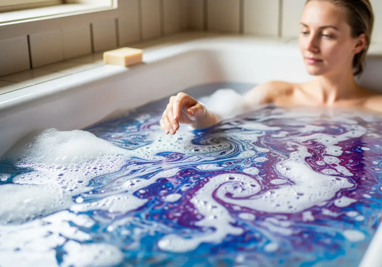 Bubblor och färg i badet