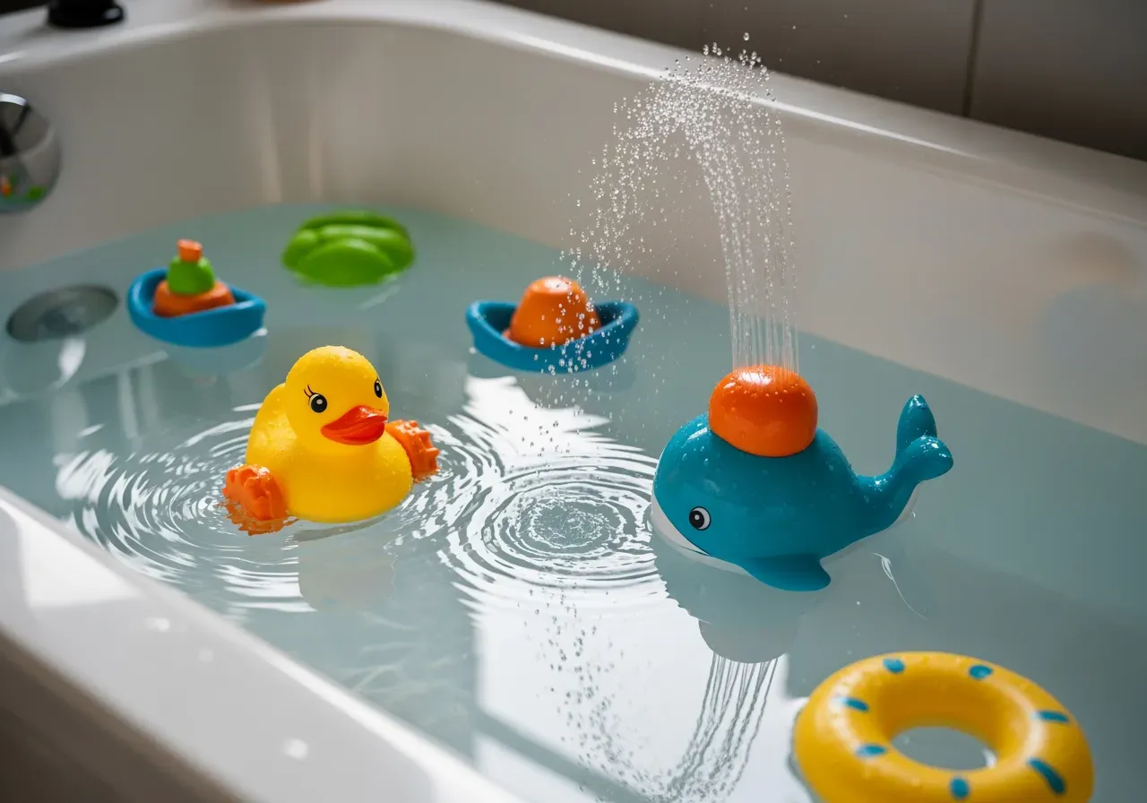 Paddlande och sprutande badleksaker