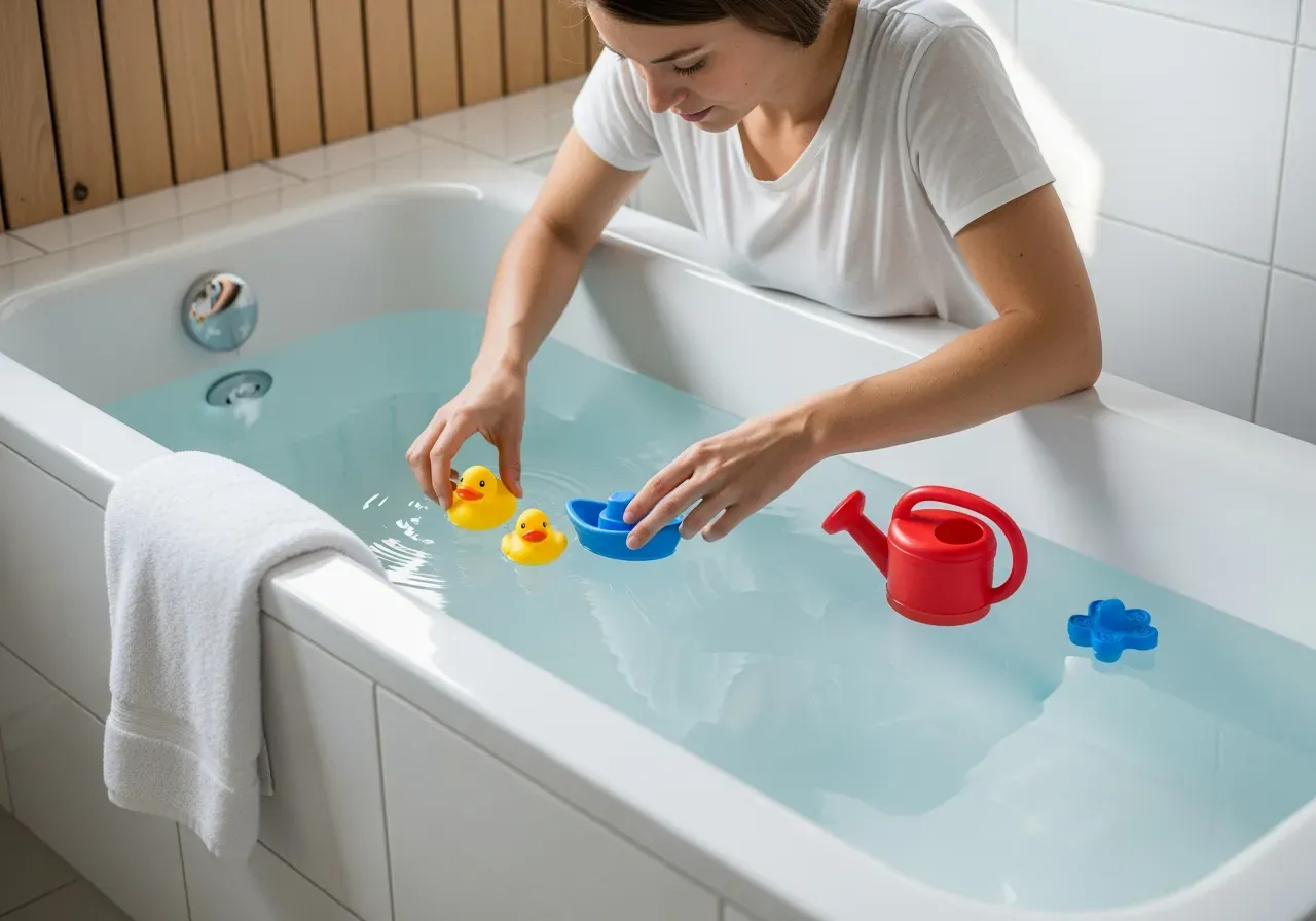 Rolllek i badet med badleksaker