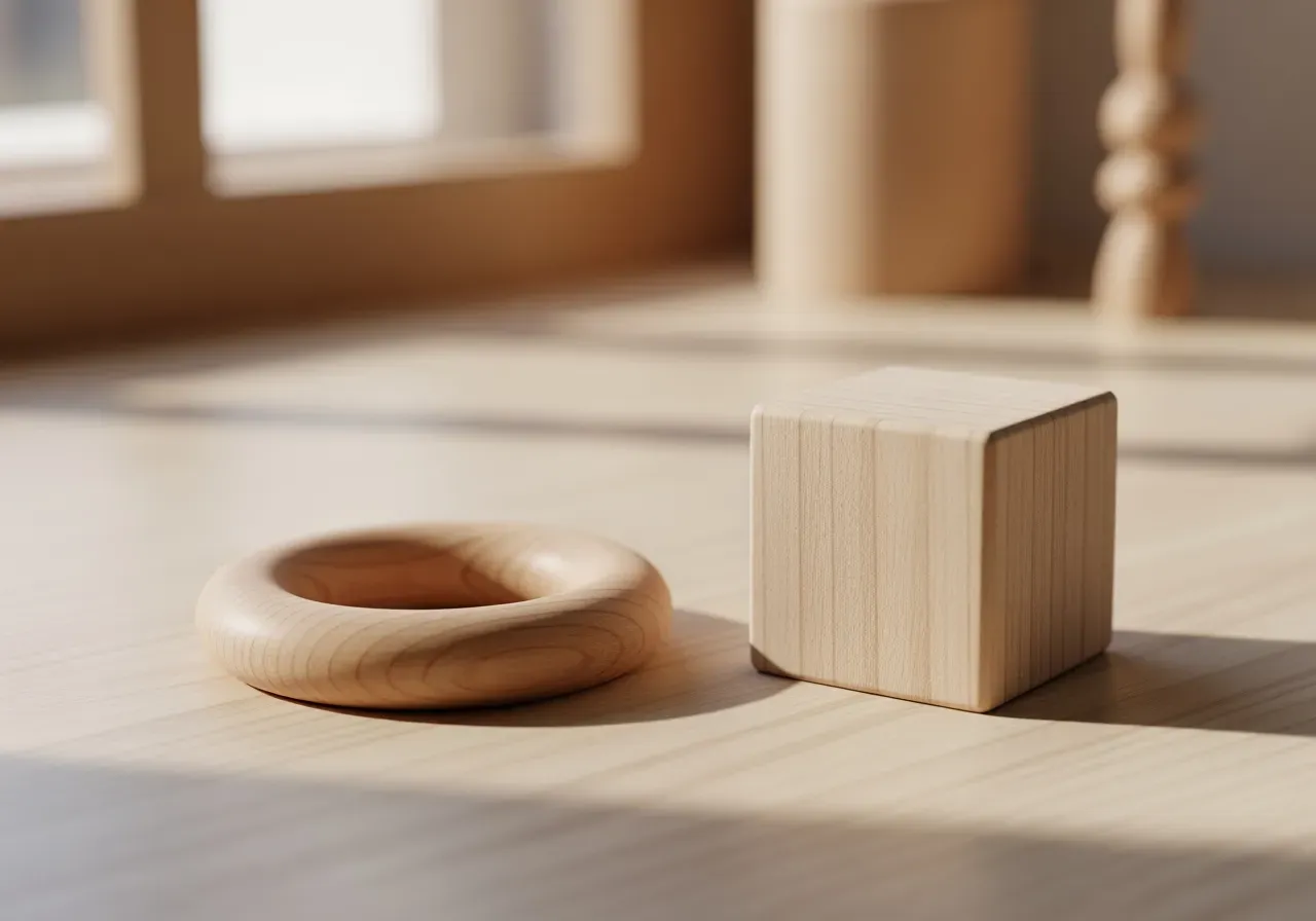 Tidiga babyleksaker med bitring och kub