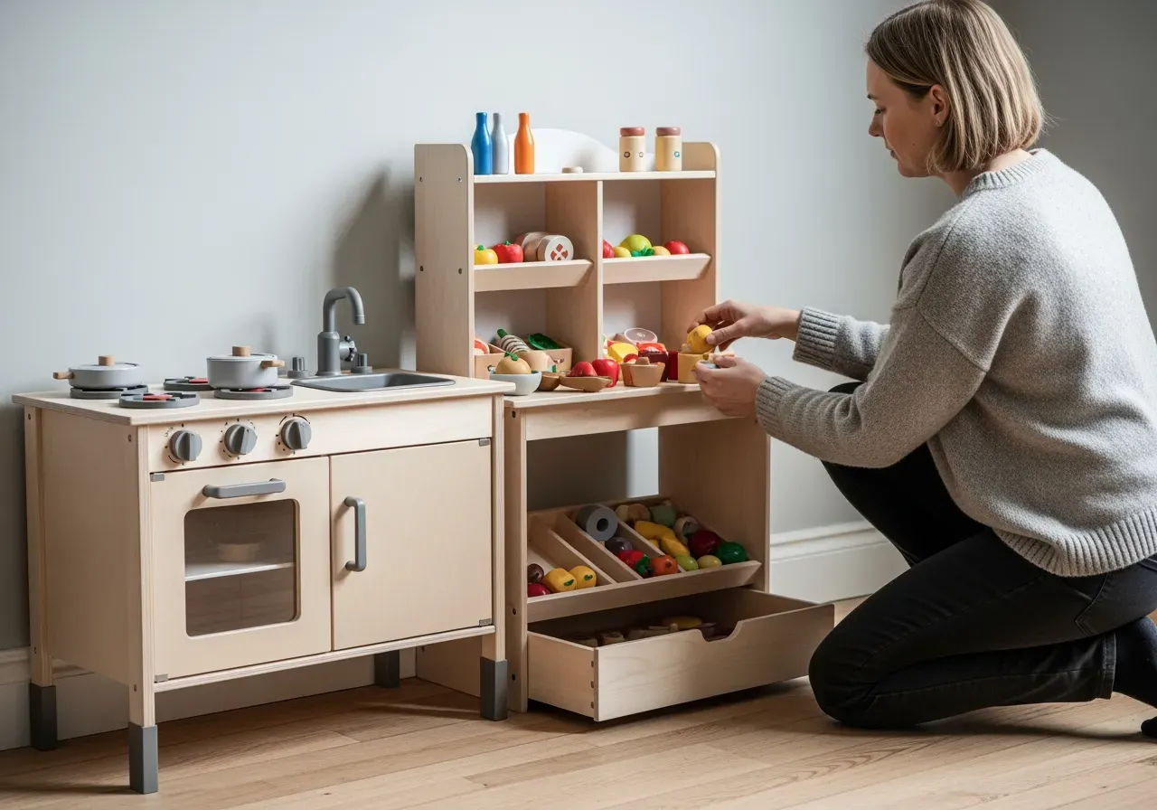 Leksakskök och butikslek i barnrummet