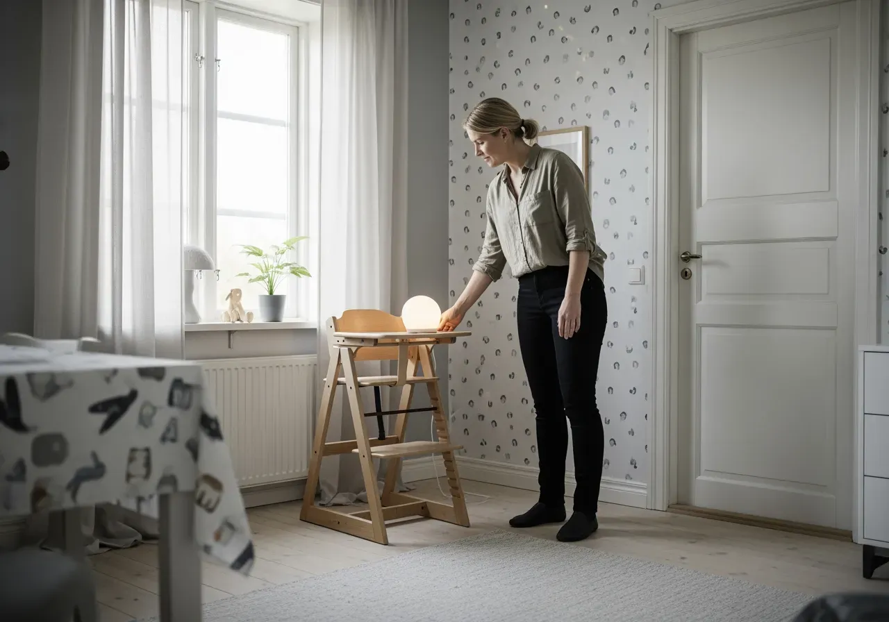 Matstol och nattlampa i barnrum