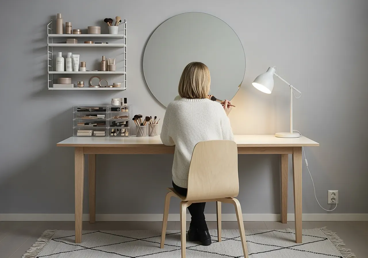 Sminkhörna och förvaring i barnrum