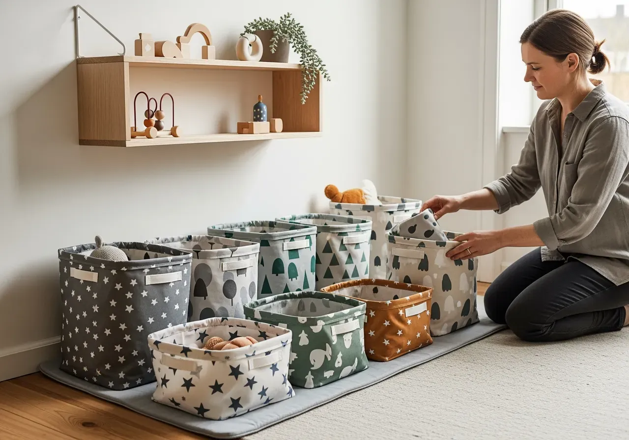 Vikbara motivkorgar och barnhylla