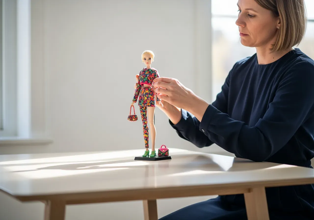 Person stylar modedocka i färgglada kläder