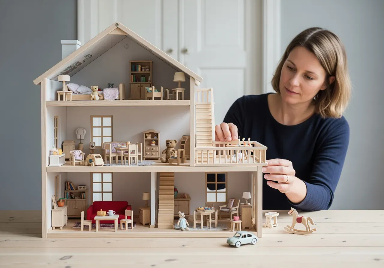 Barn leker med dockhus och tillbehör