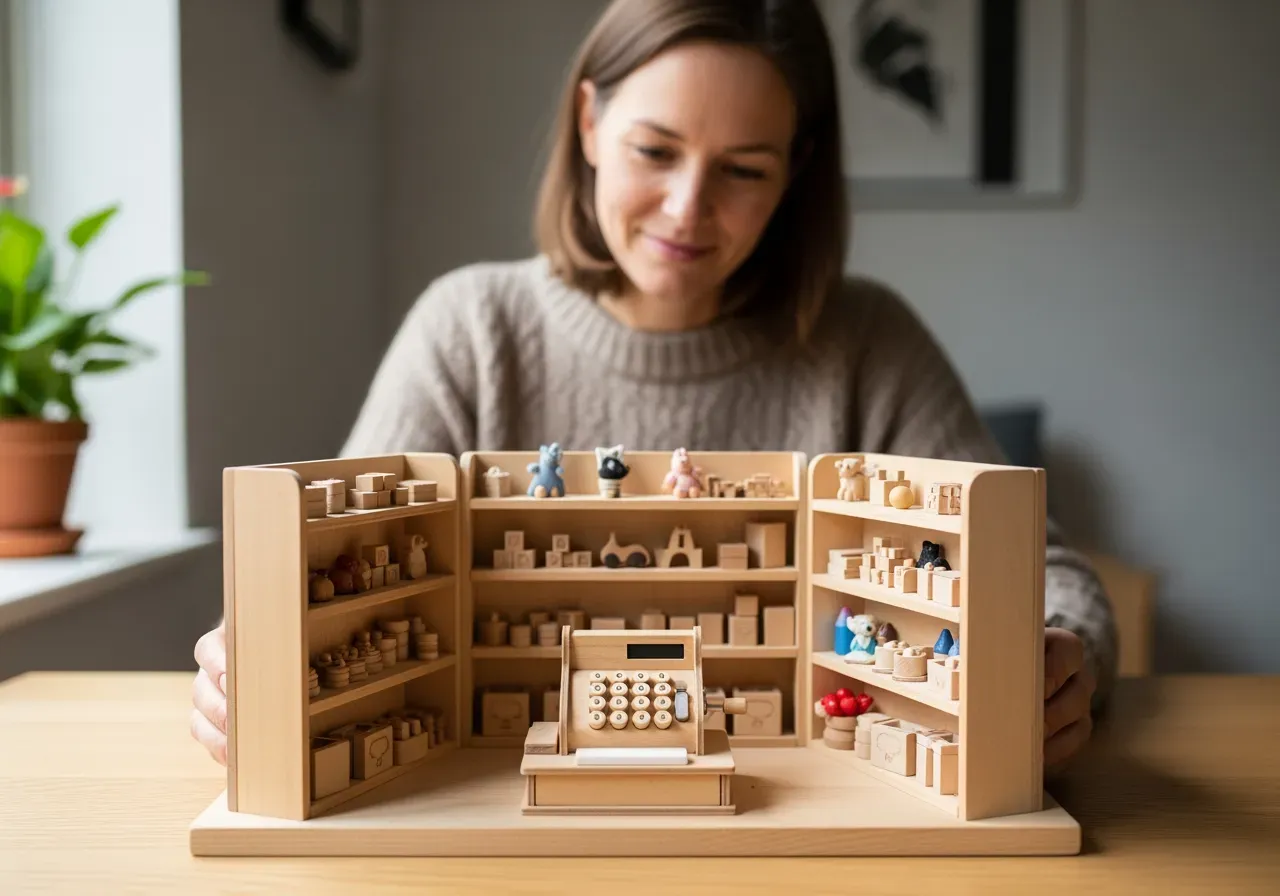 Barn leker med leksaksbutik och kassa