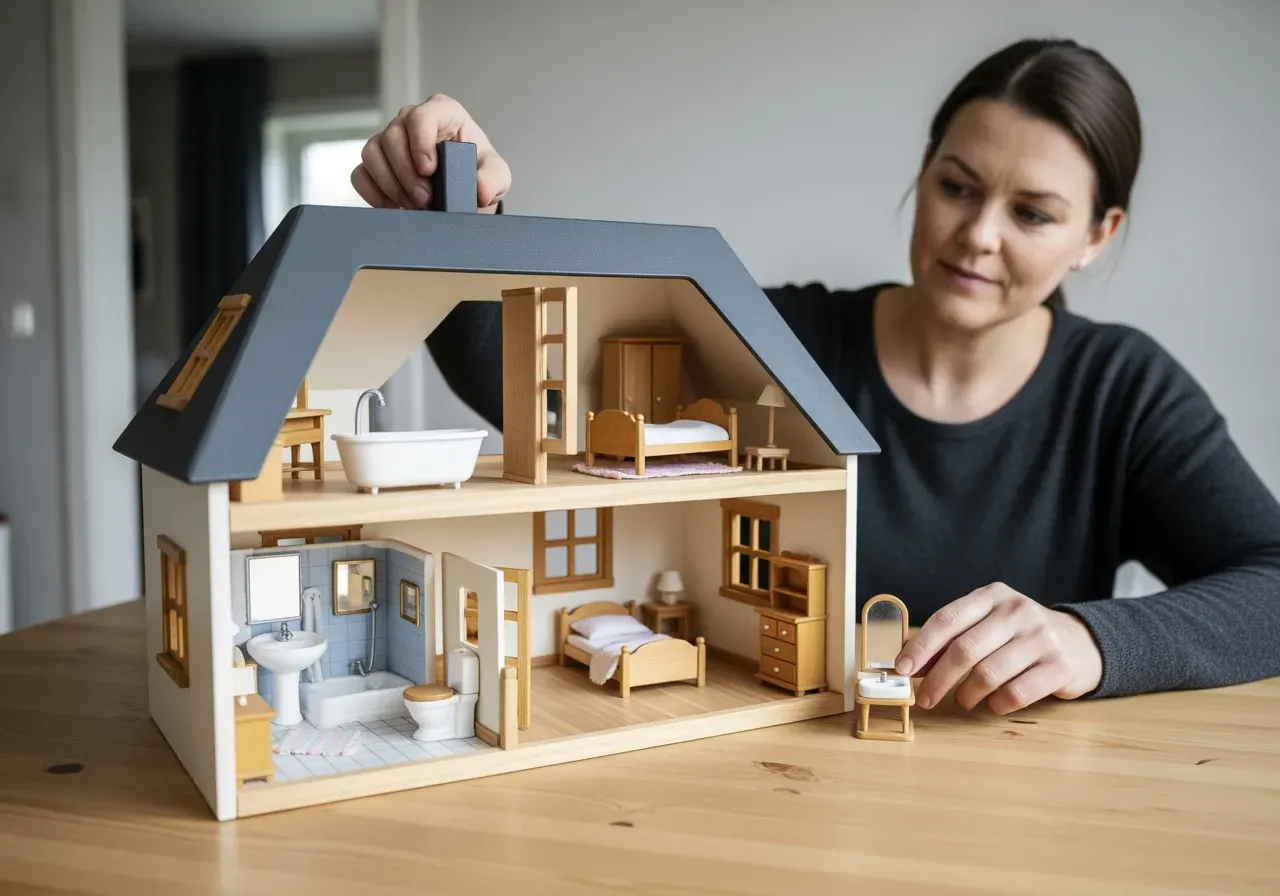 Möblera dockhuset med badrum och sovrum