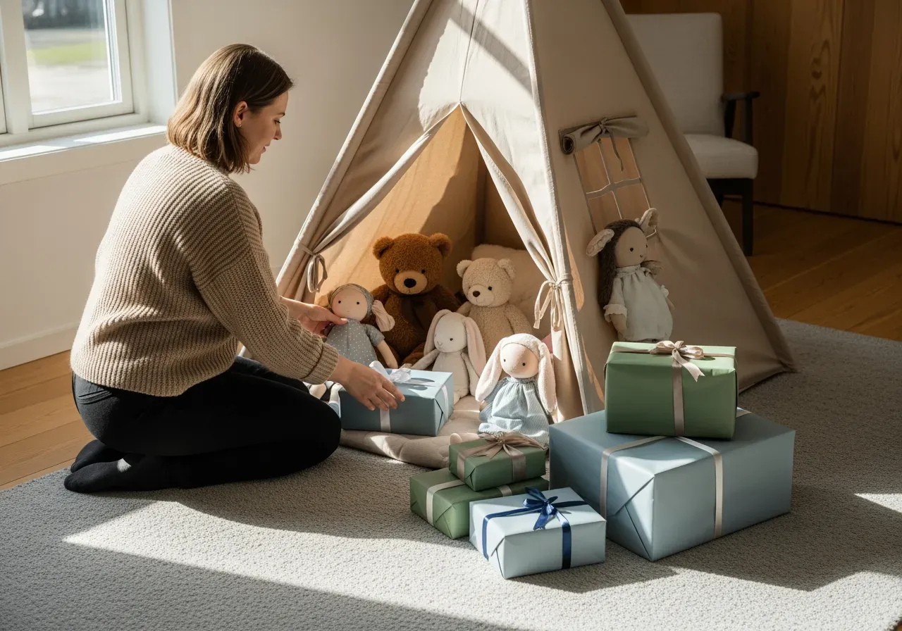 Presenter med lektält dockor gosedjur