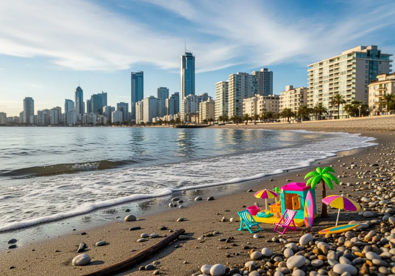 Strand och stad med Barbie