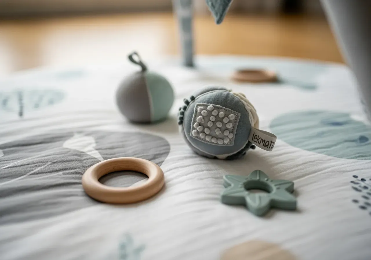 Motorikleksaker för bebis på lekmatta