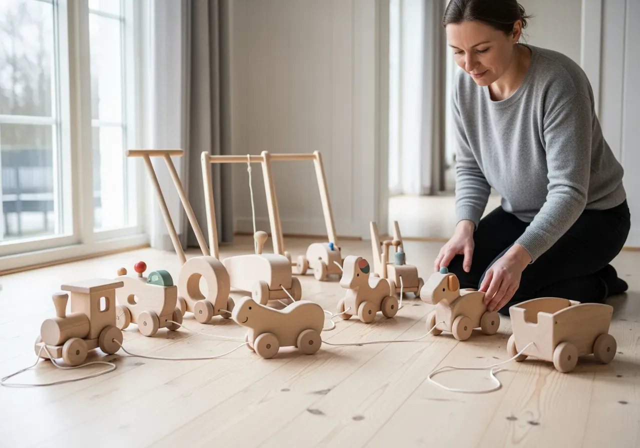 Dragleksaker i trä för gåträning