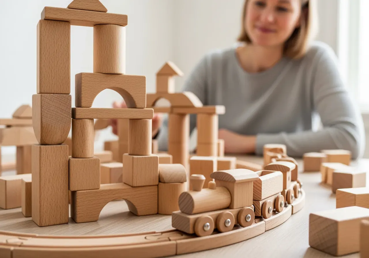 Första byggleken med klossar och tåg