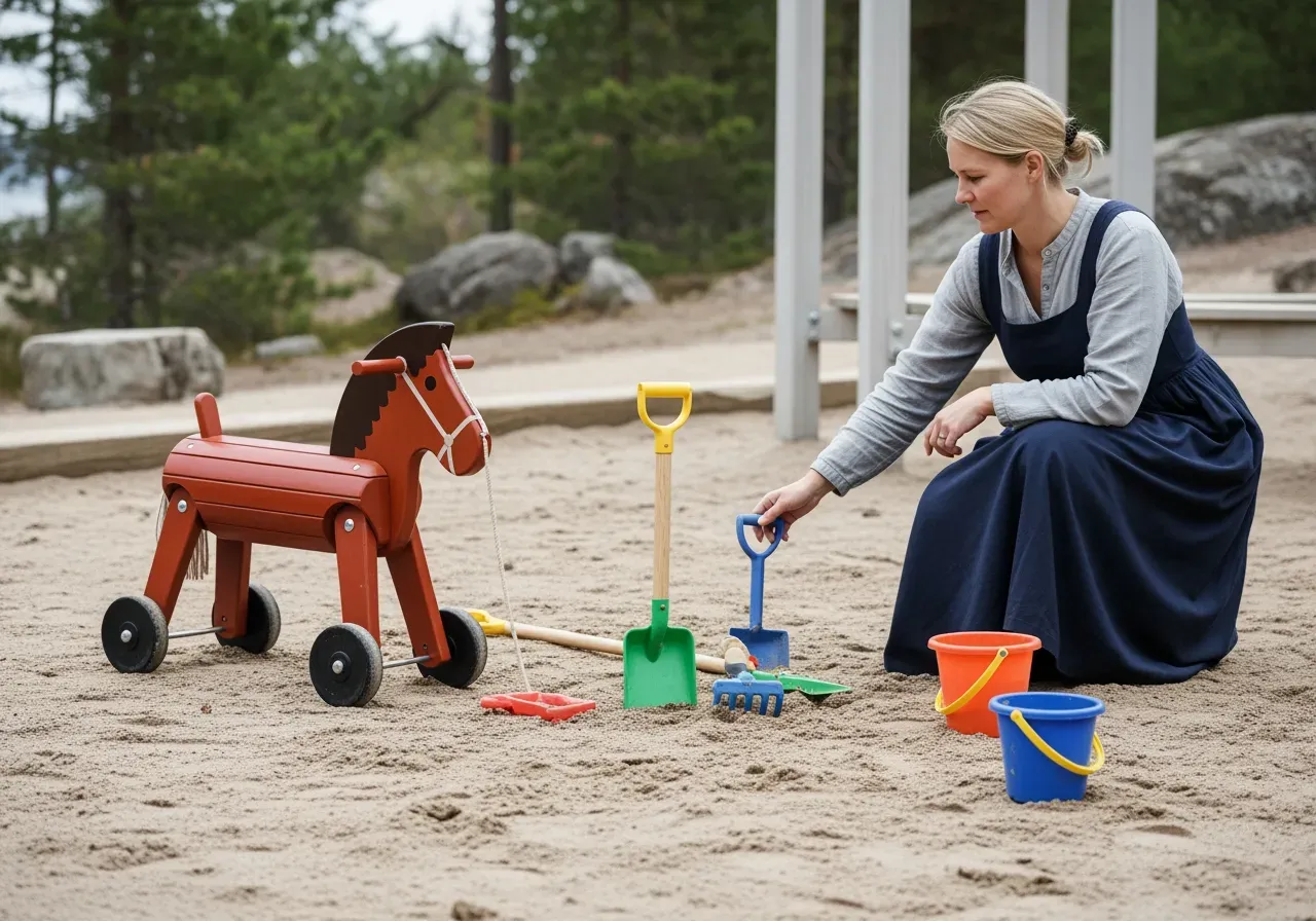 Utelek med dragdjur sand och verktyg