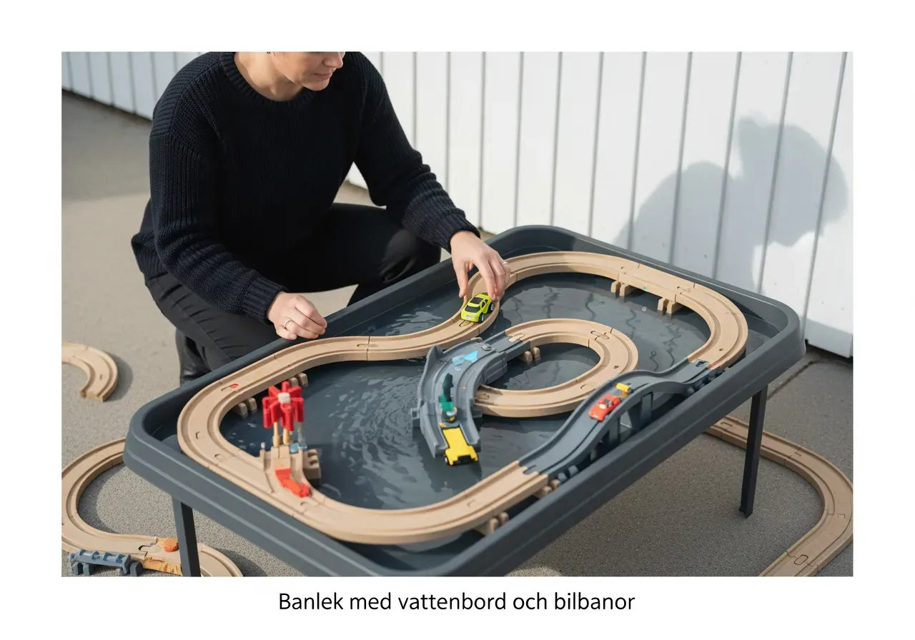 Banlek med vattenbord och bilbanor