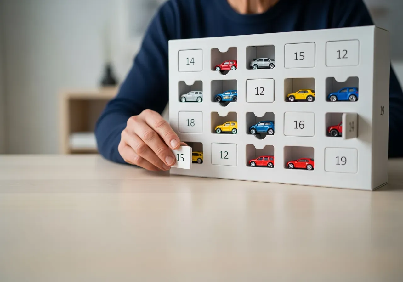 Biladventskalender med små bilar