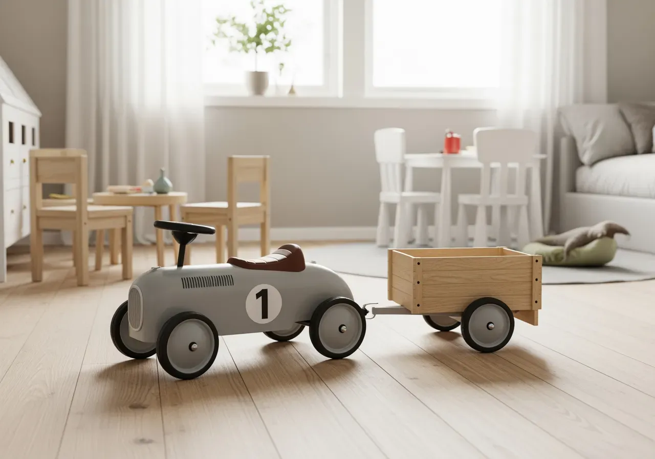 Barn leker med gåbil och släp