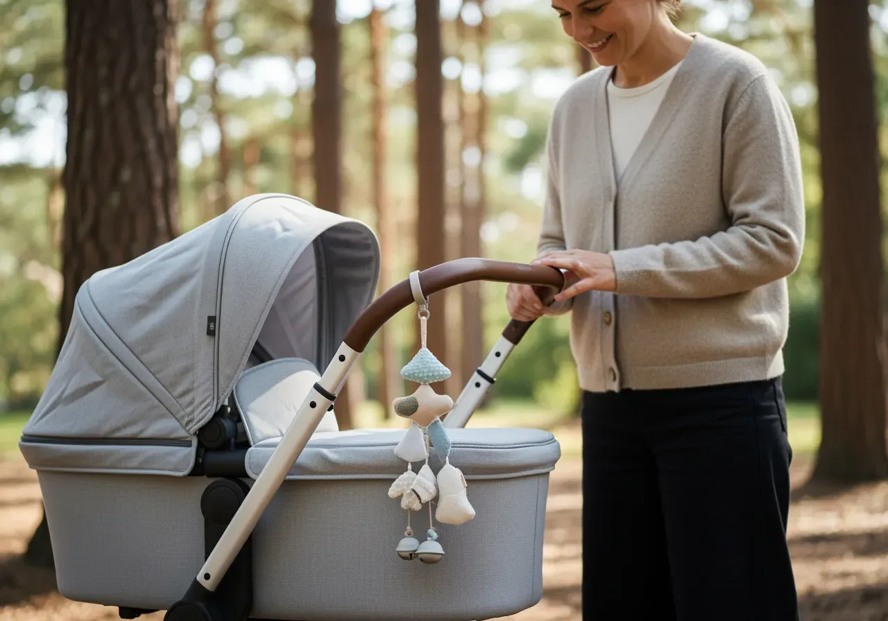 Förälder fäster barnvagnshänge på vagn