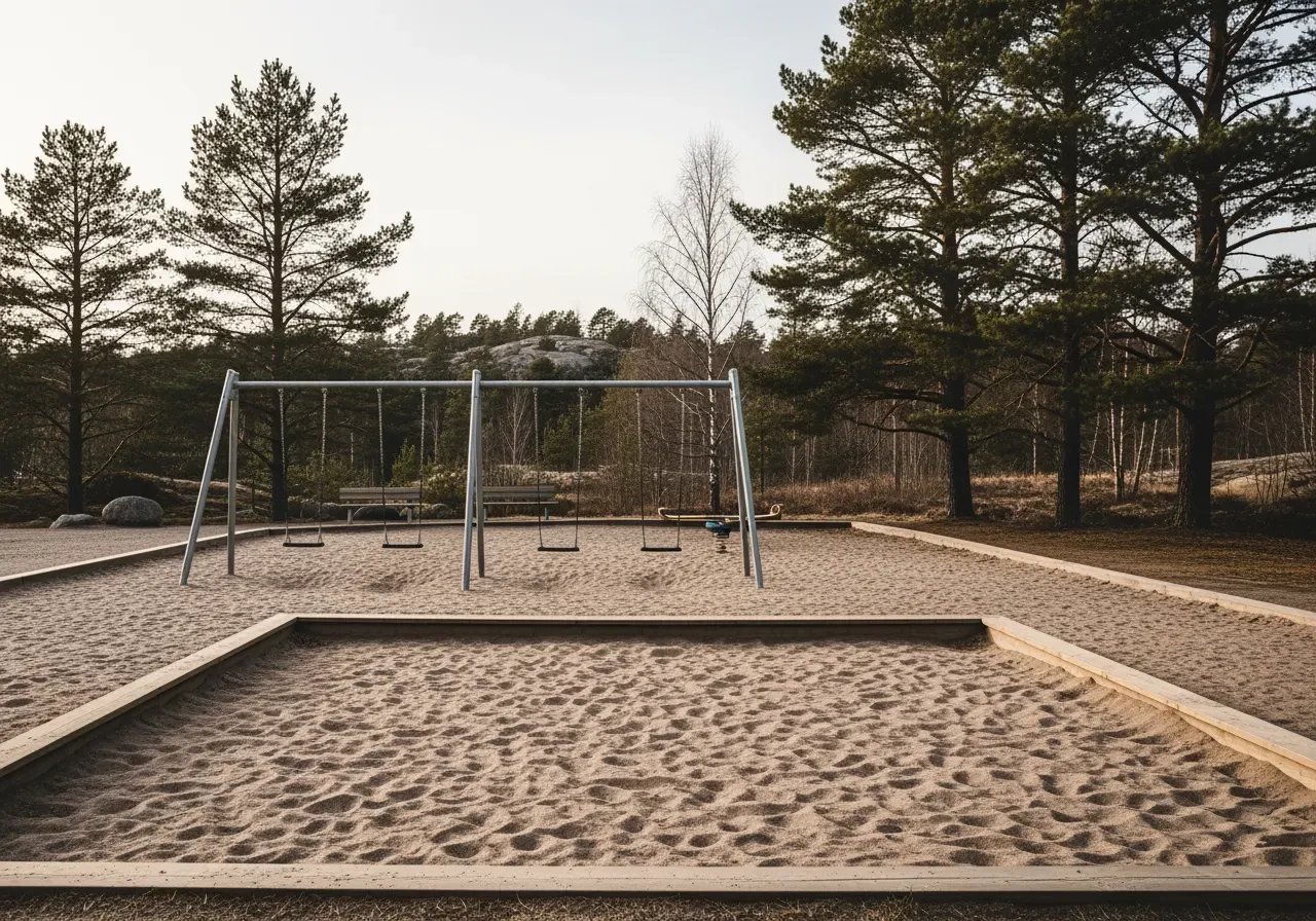 Barn leker vid gungställning och sandlåda