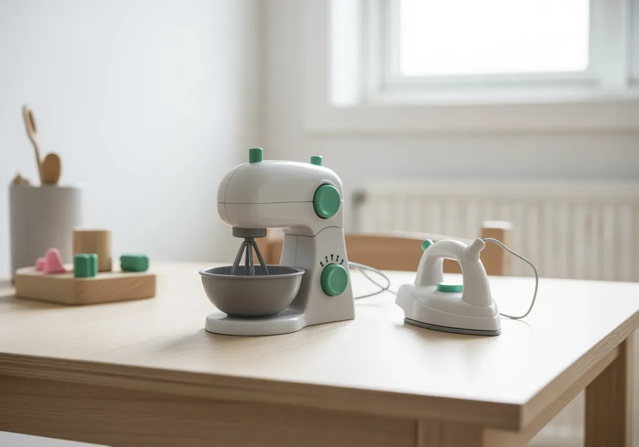 Barn leker med leksaksmixer och strykjärn