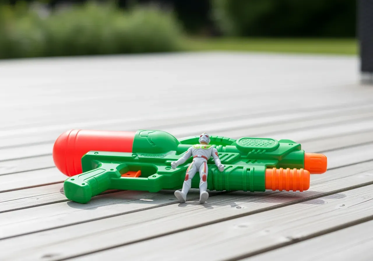 Barn leker med vattenpistol och figur