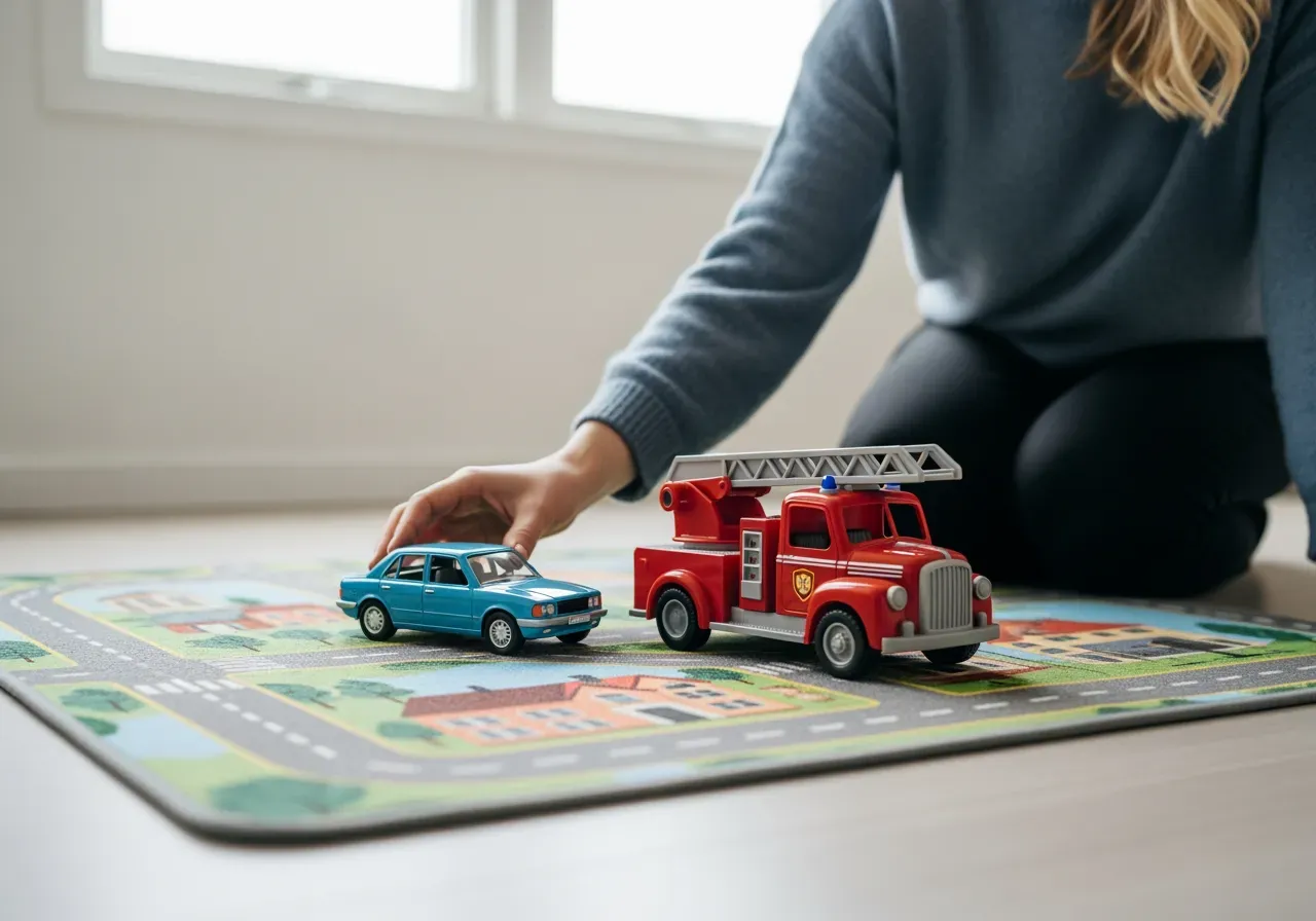 Barn leker med leksaksbil och brandbil