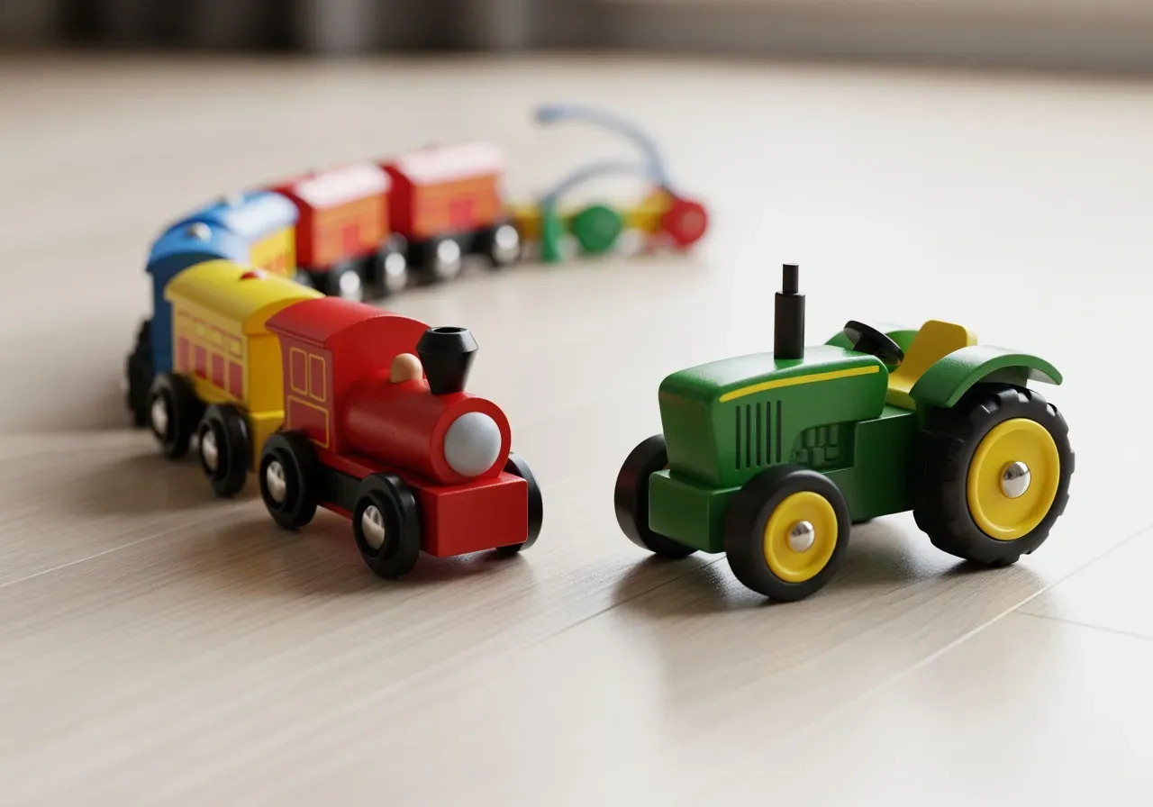 Barn lastar leksakståg och traktor