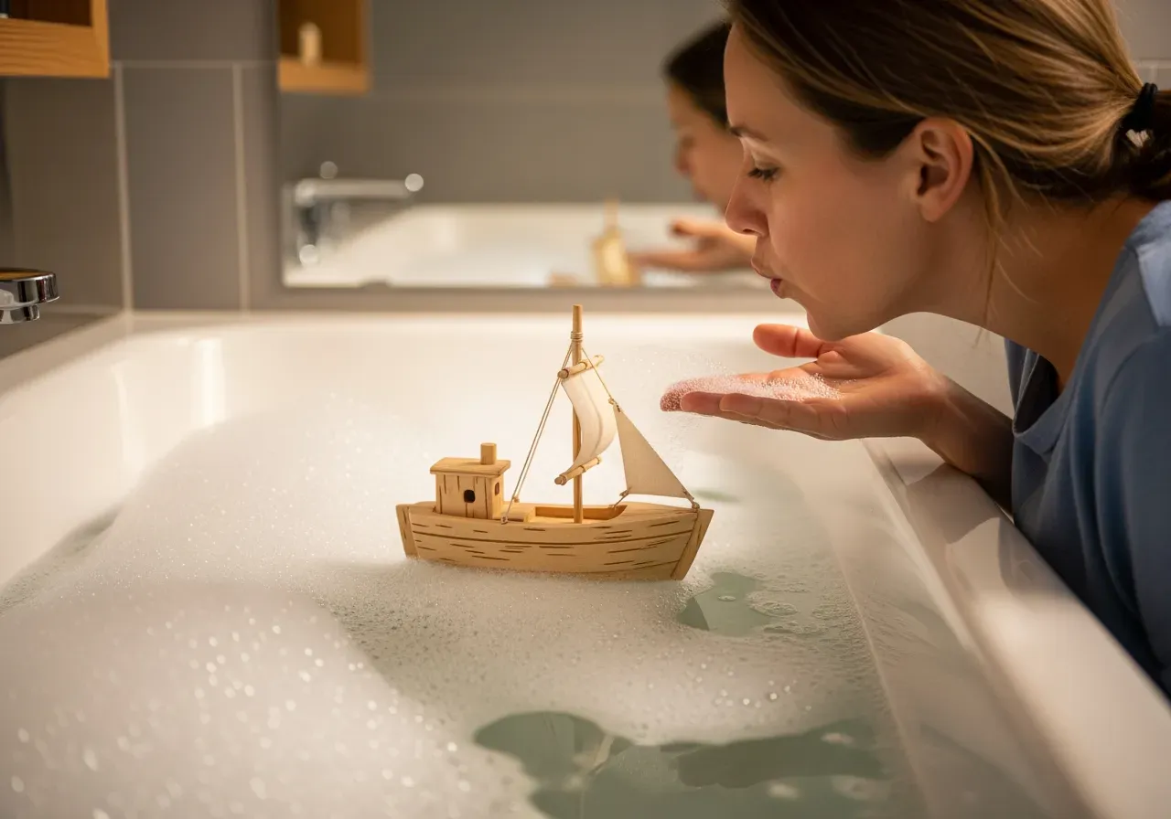 Barn leker med leksaksbåt i badkar