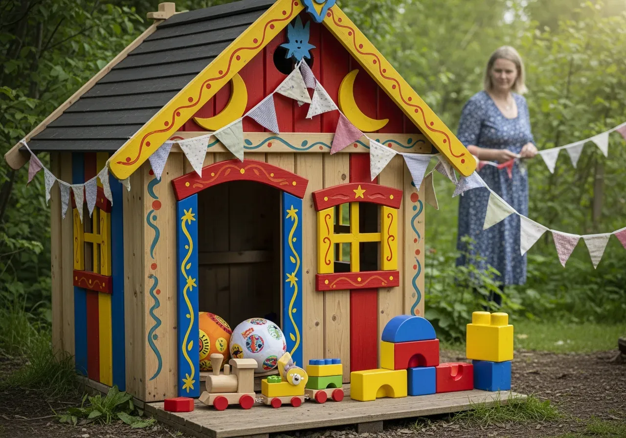 Barn leker i färgglad lekstuga