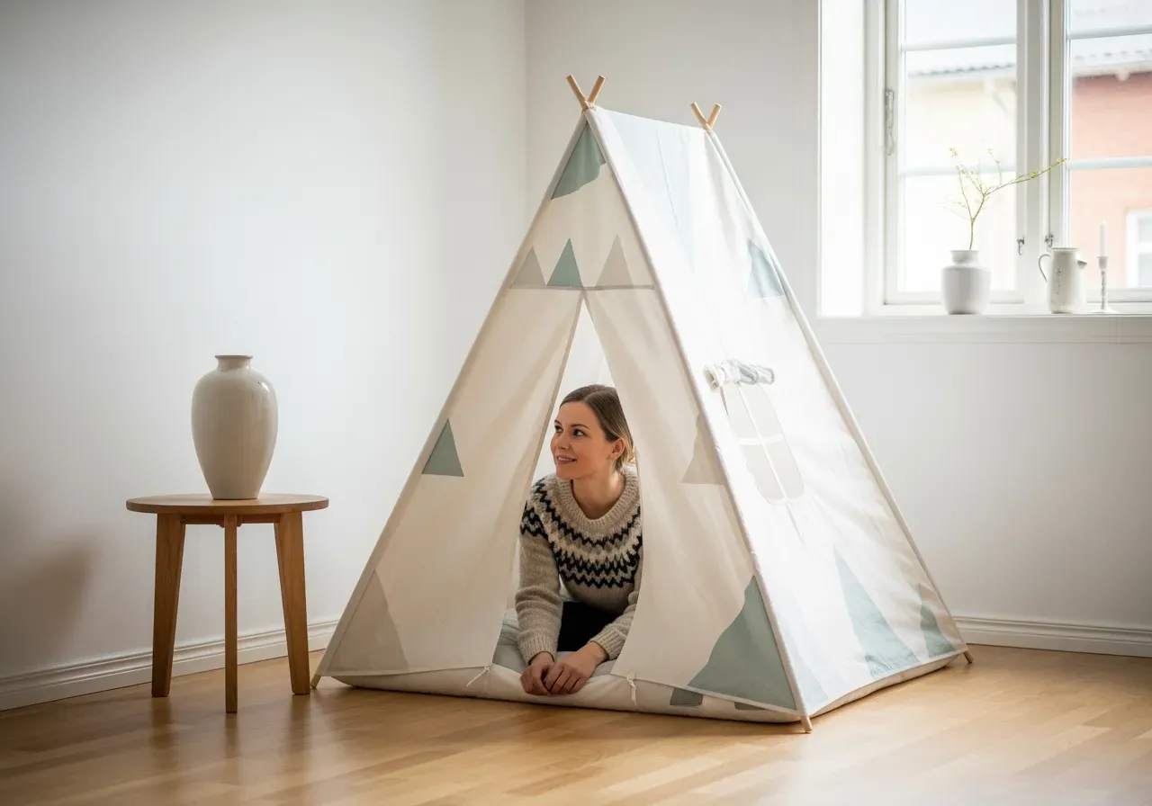 Barn leker i uppfällbart lektält inomhus