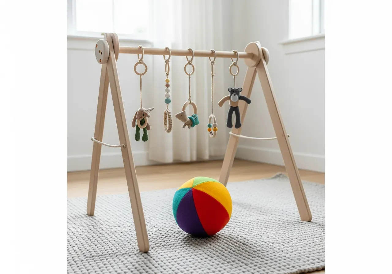 Förälder leker med babygym och boll