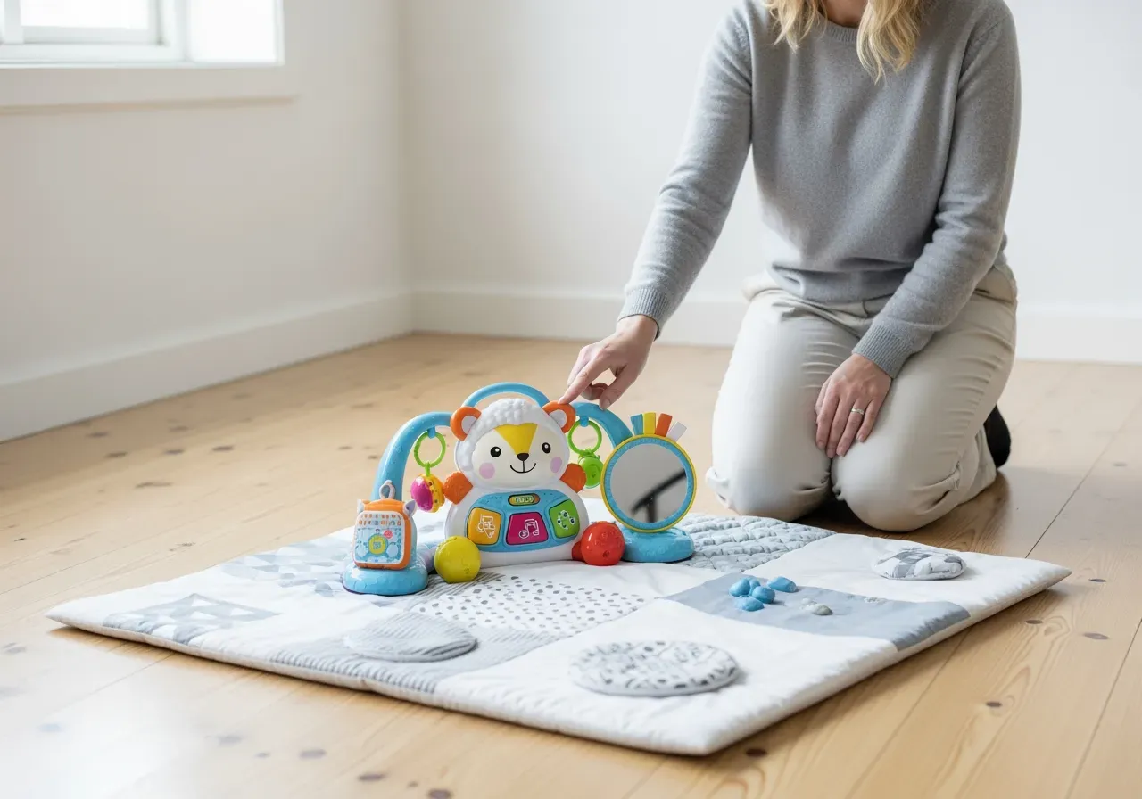 Förälder hjälper bebis med musikleksak