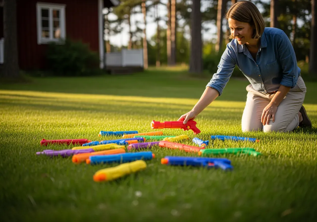 Barn leker med skumpilgevär utomhus