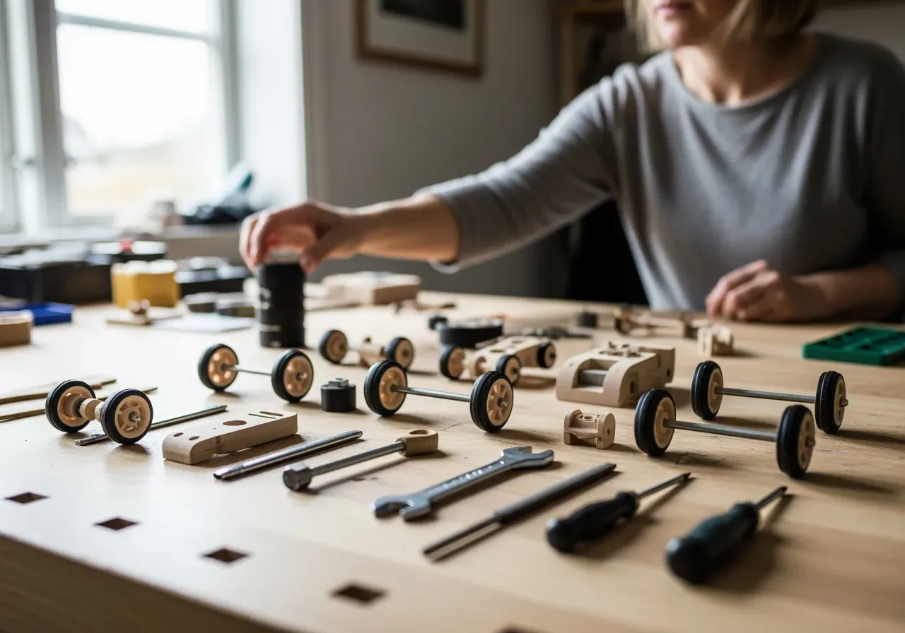 Barn monterar leksaksbil med verktyg