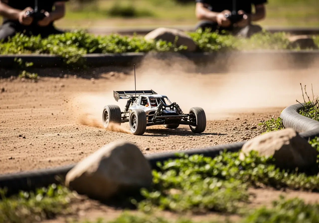 Barn kör radiostyrd bil utomhus