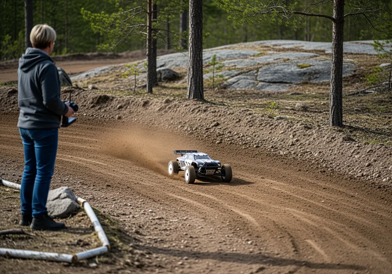 Barn kör radiostyrd bil utomhus