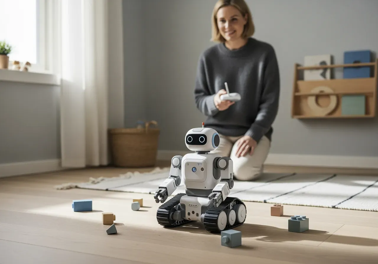 Barn leker med radiostyrd robot