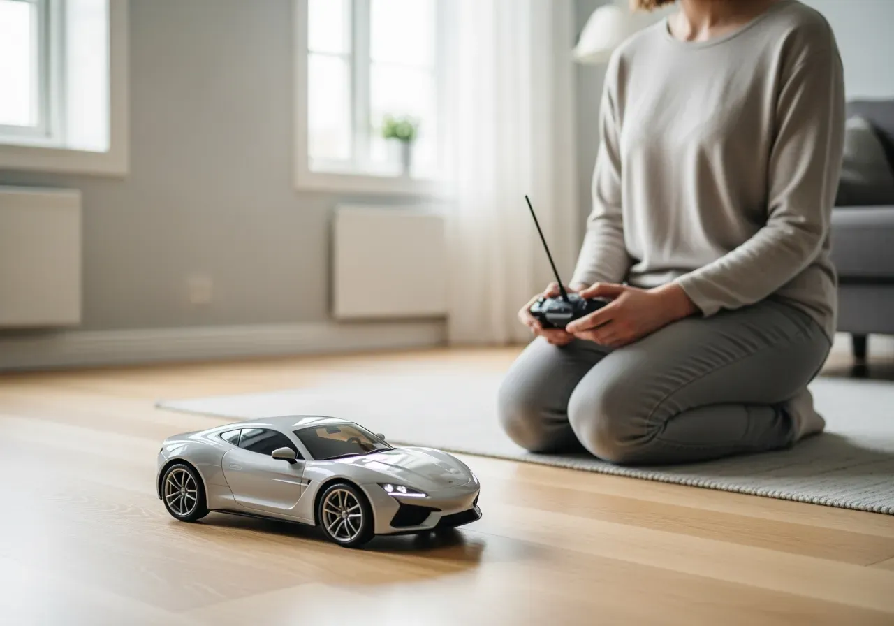 Barn kör radiostyrd bil på golv