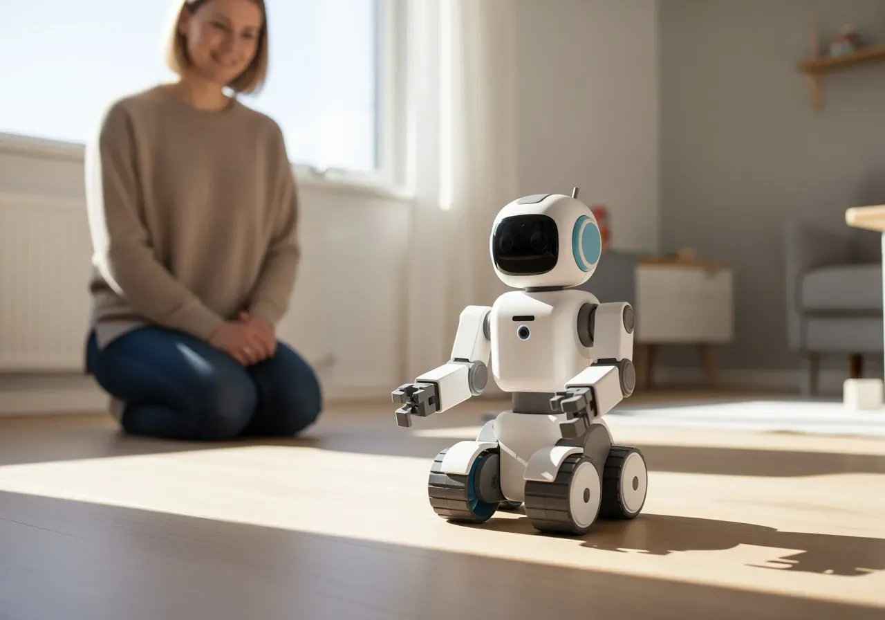 Barn leker med radiostyrd robot