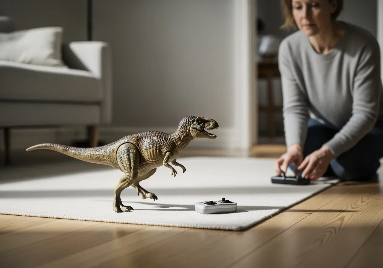 Barn styr radiostyrd dinosaurie inomhus