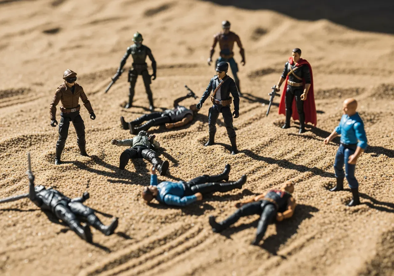 Barn leker med actionfigurer och sand