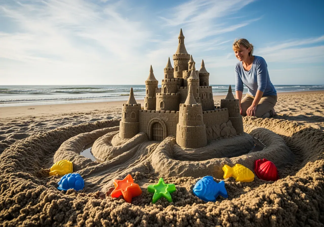 Barn bygger sandslott med sandleksaker