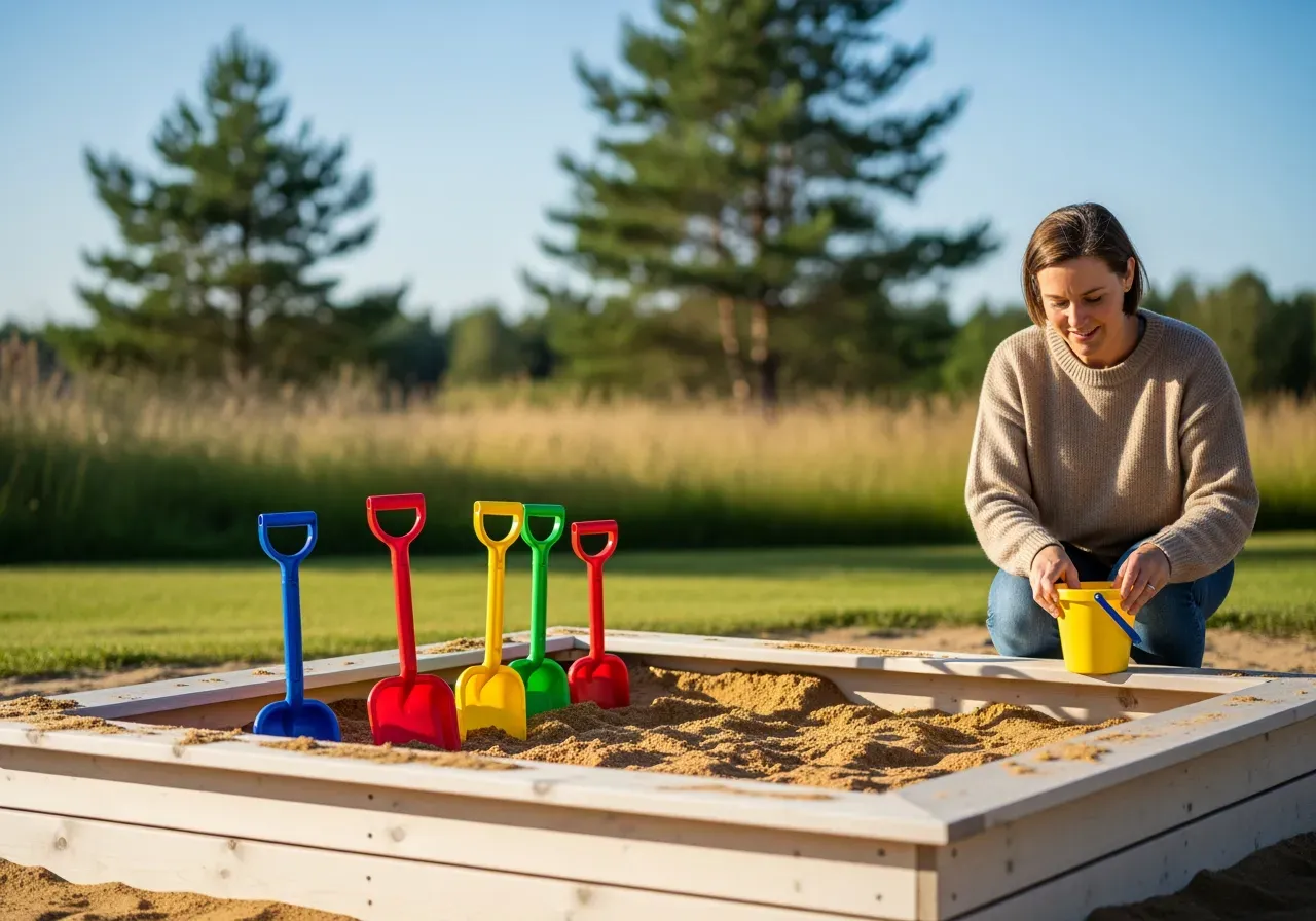 Barn bygger i sandlåda utomhus