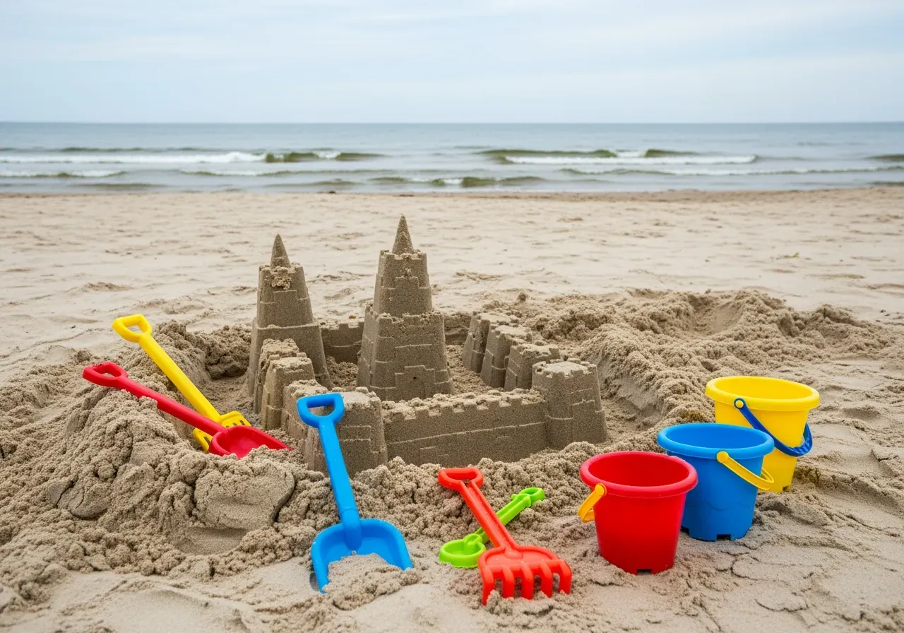 Barn bygger sandslott med sandleksaker