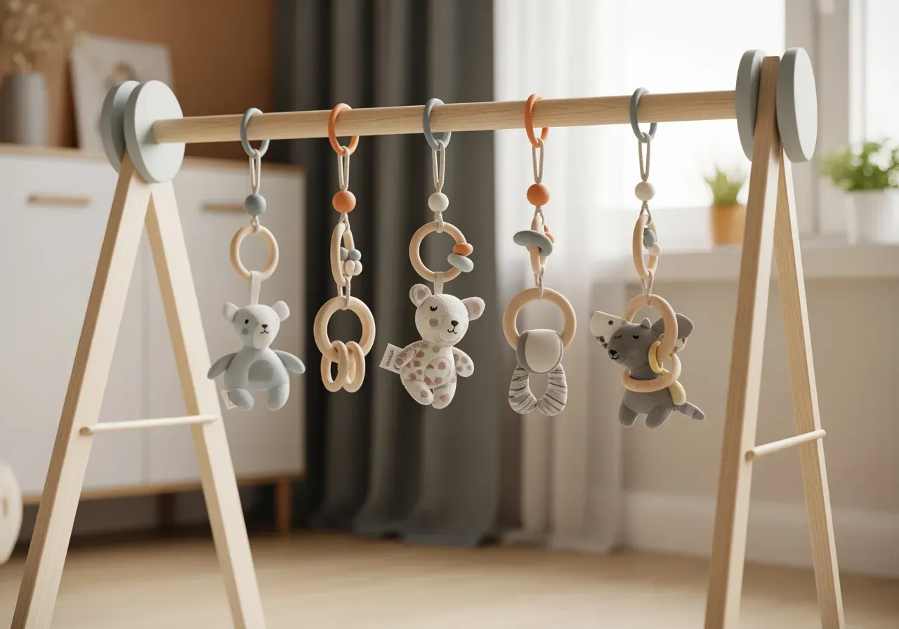 Bebis utforskar babygym och aktivitetsleksak