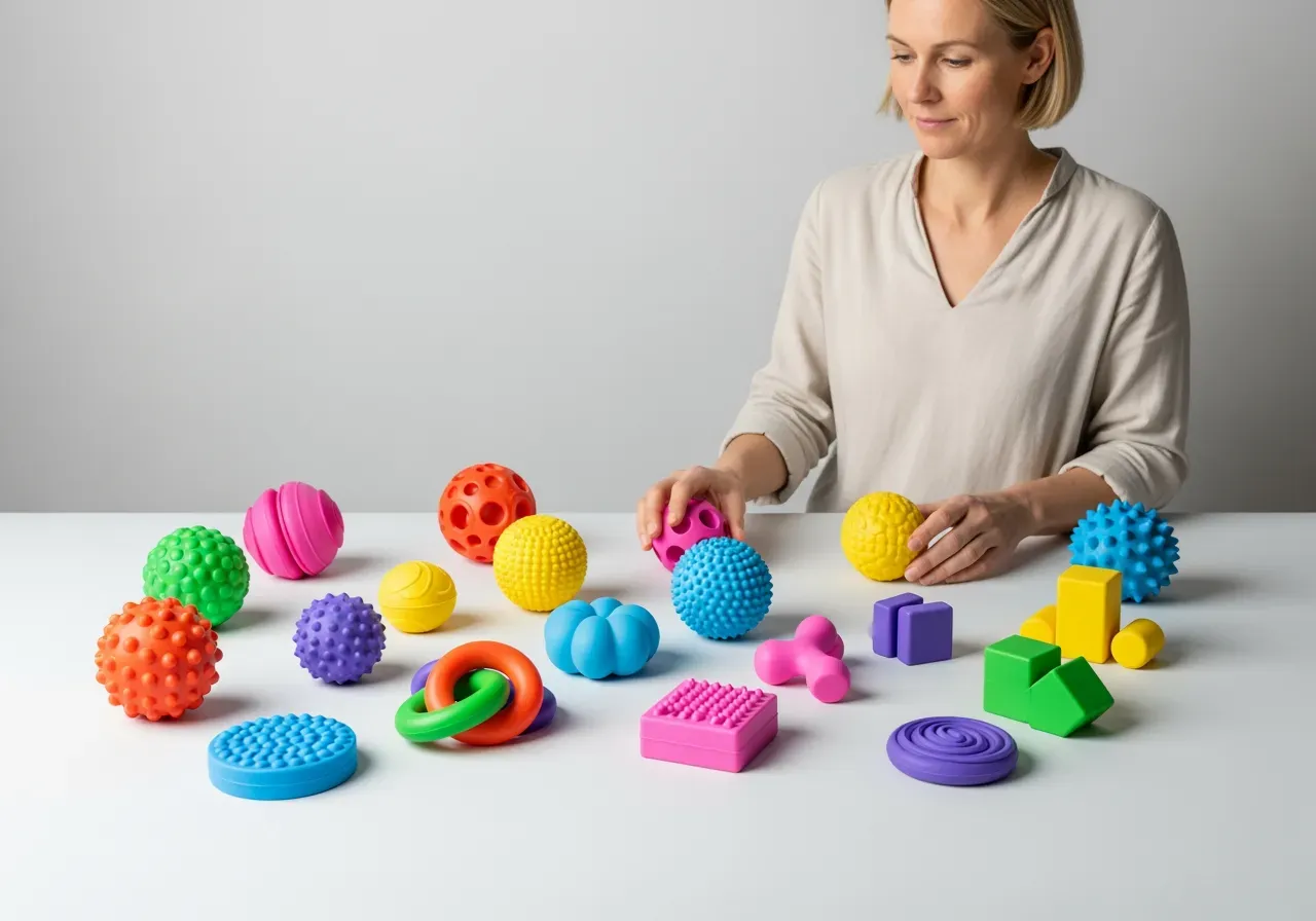 Förälder visar sensoriska babyleksaker