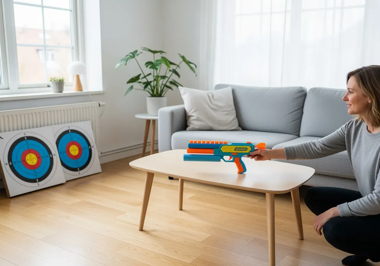 Barn övar med skumpilpistol hemma