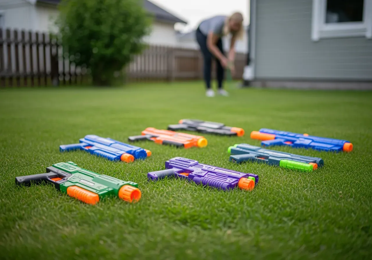 Barn leker med skumpilpistol utomhus