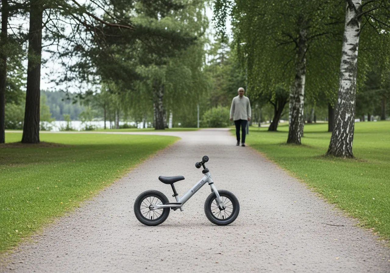 Förälder stöttar barn på balanscykel